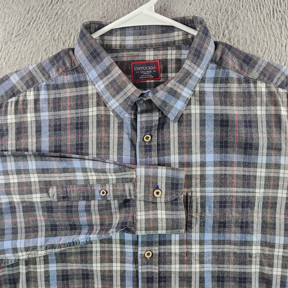 UNTUCKit Mens XXL Slim Fit Flannel Shirt Grey Blue Plaid Cotton Long Sleeve